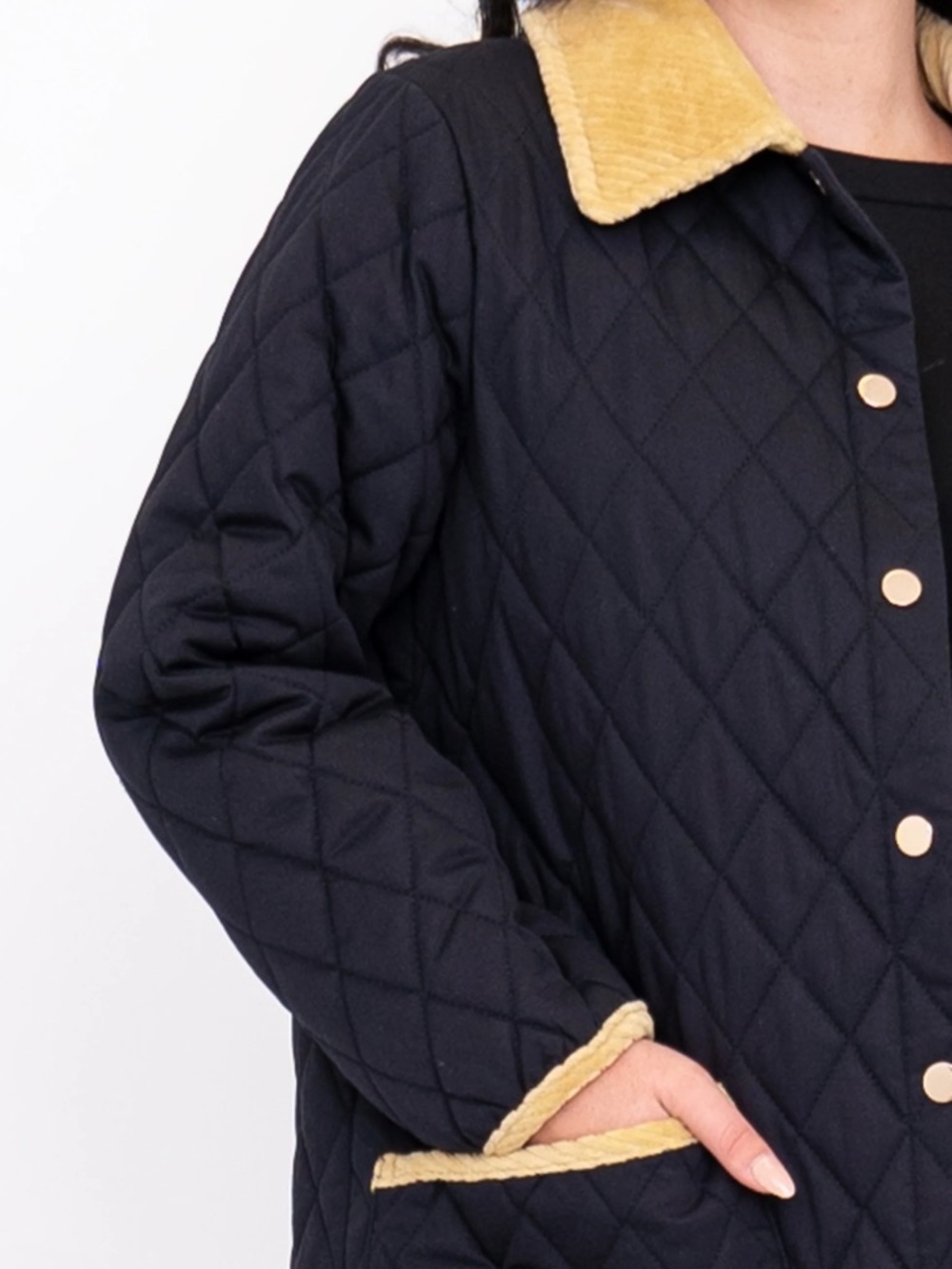 Blue Sky Quilted Navy Utility Jacket with Mustard Corduroy Collar